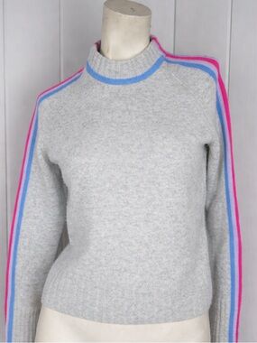 Alashan 100% Cashmere Sweater Gray Stripe Sleeve Blue Pink Soft Cozy Size M